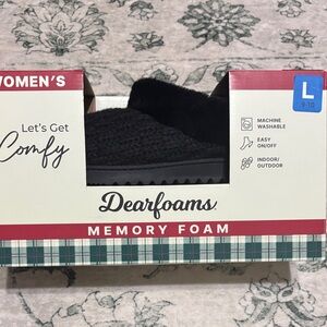 dearfoams Women's Black Slip-On Memory Foam Clog with Faux Fur Collar